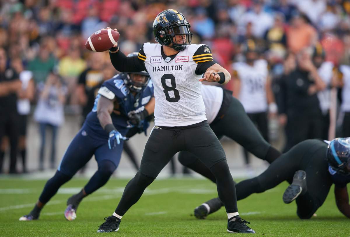 Hamilton Tiger-Cats quarterback Jeremiah Masoli prepares to throw the ball during third quarter CFL action between the Ticats  and the Toronto Argonauts in Toronto on Saturday June 22, 2019.