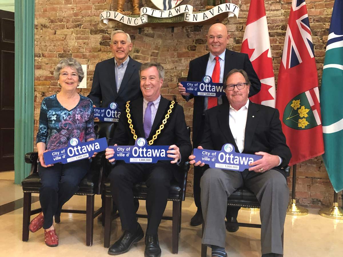 Ottawa Mayor Jim Watson (centre) hosted former mayors (from left to right) Jacquelin Holzman, Bob Chiarelli, Larry O’Brien and Jim Durrell at city hall on June 13, 2019, the day before the city’s population is expected to reach one million people.
