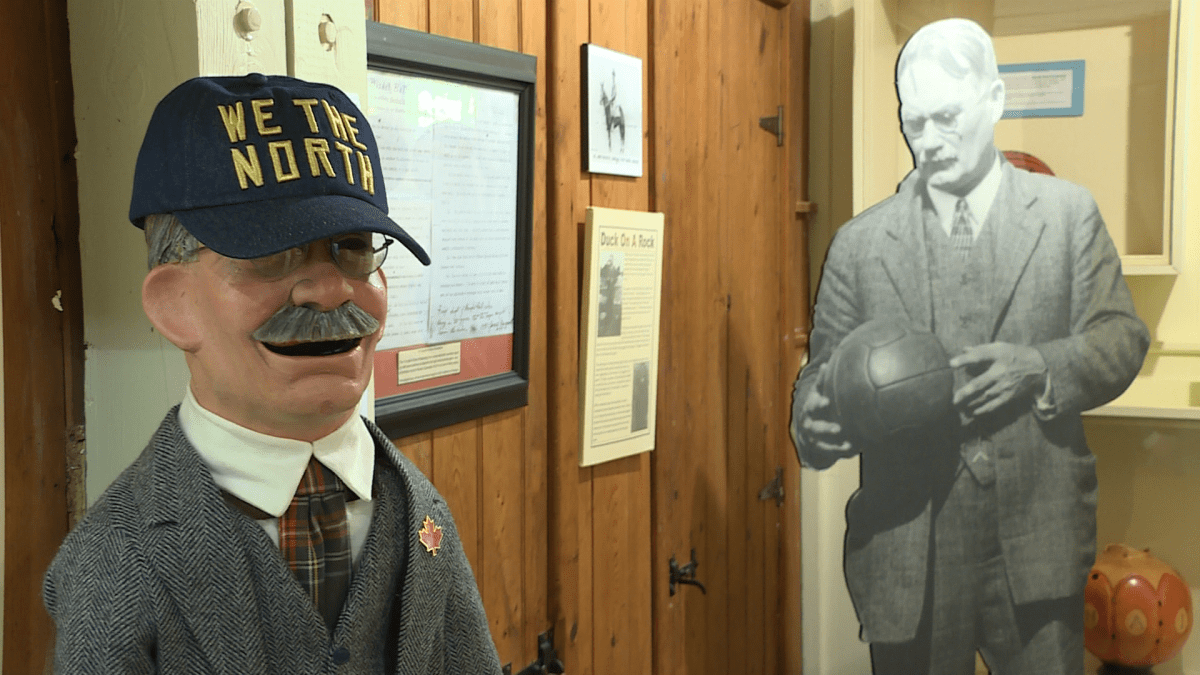 Exhibits in the Naismith museum exhibit include a puppet made in his image, sporting some Raptors swag.