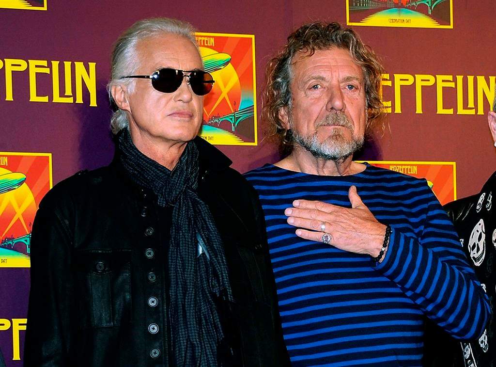 In this Oct. 9, 2012 file photo, Led Zeppelin guitarist Jimmy Page, left, and singer Robert Plant appear at a news conference ahead of the worldwide theatrical release of 'Celebration Day,' a concert film of their 2007 London O2 arena reunion show, in New York City.