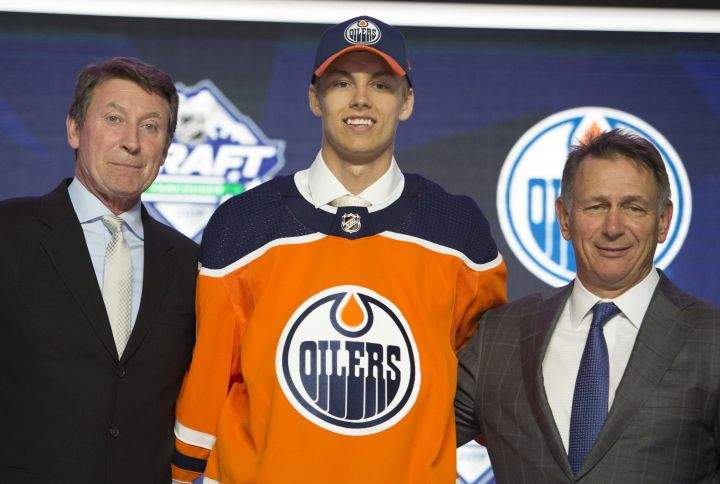 Edmonton Oilers select Philip Broberg during the first round NHL draft at Rogers Arena in Vancouver, Friday, June, 21, 2019.