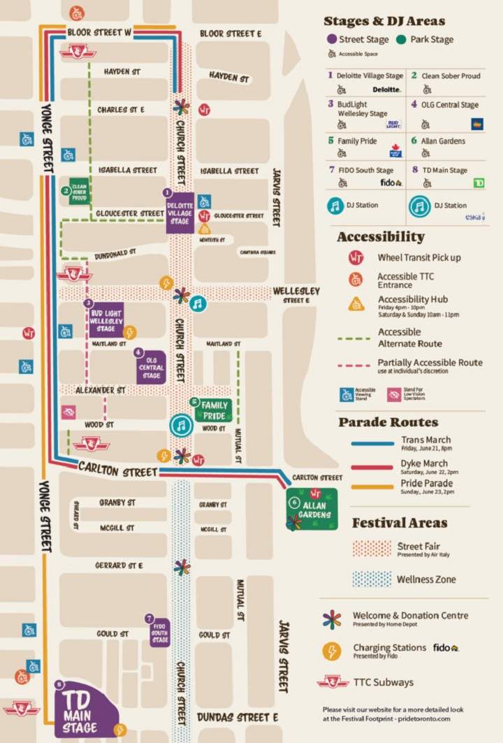 A map of the Pride festivities in Toronto this weekend.