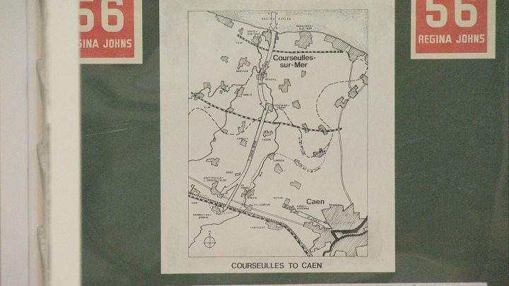 A map of the Regina Rifles’ path of assault on D-Day. It can be found in the Royal Canadian Legion Branch 001 Regina. Their regiment number (56) can also be seen, along with the regiment’s nickname, the “Regina Johns”.