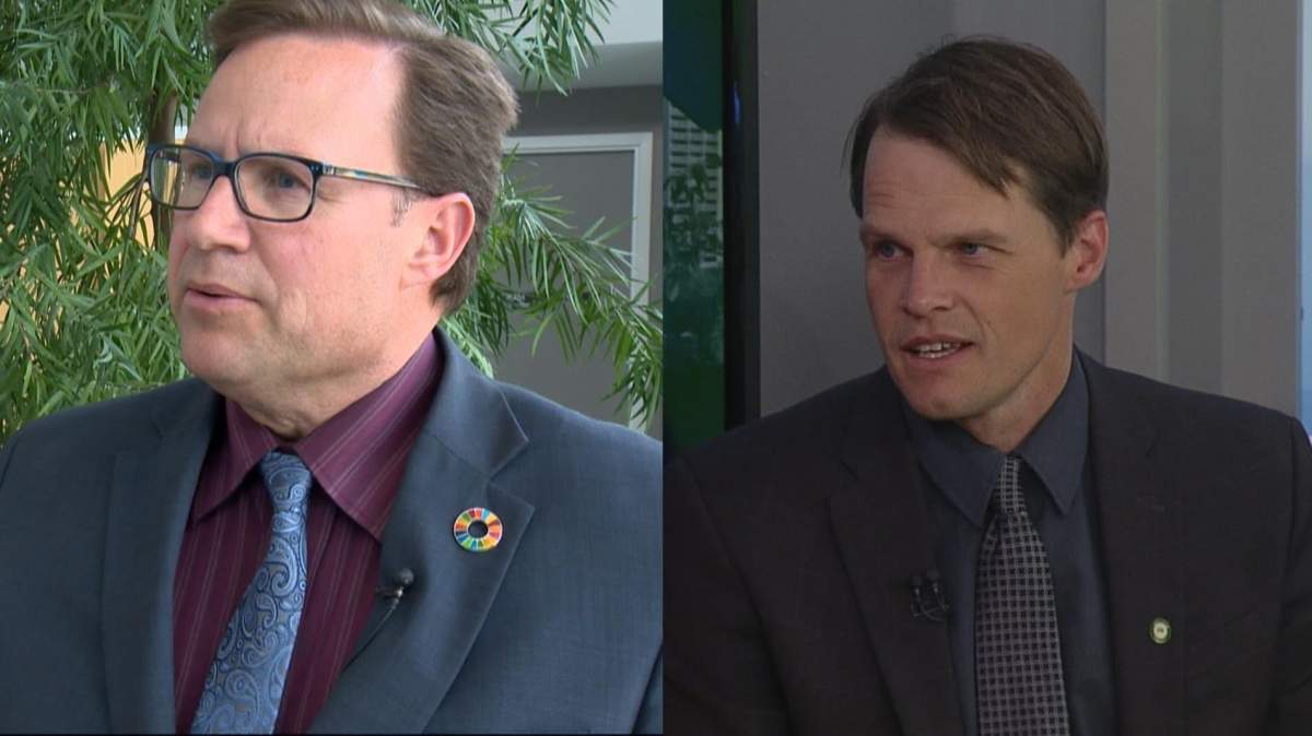Rob Norris, left, has told Global News he is officially running against the incumbent Mayor of Saskatoon Charlie Clark, right. Clark has yet to declare if he is running for mayor.