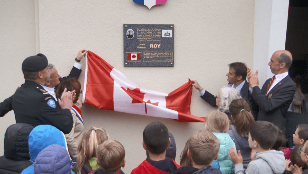 The Normandy village of Colomby-Anguerny renames its school after Canadian D-Day hero Pte. Louis Valmont Roy on June 7, 2019.