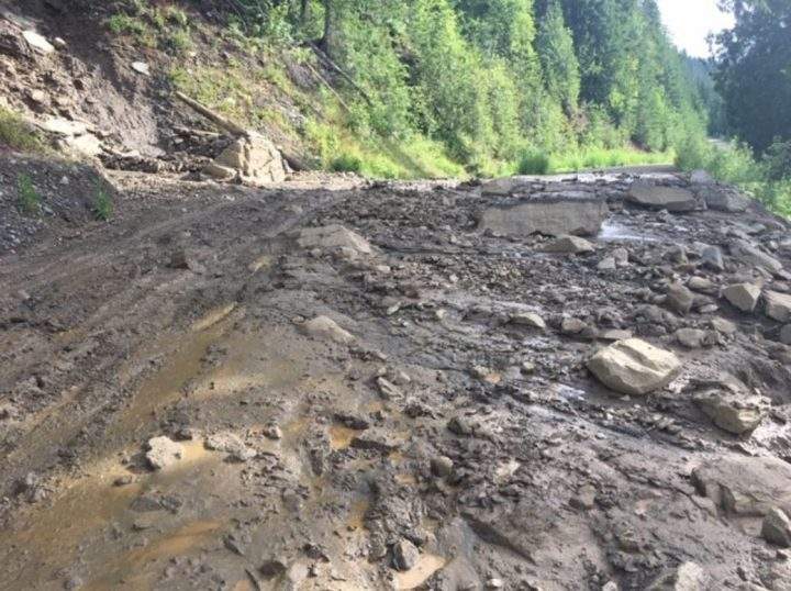 A section of Seymour Arm Road, now covered in debris from Sunday’s mudslides.