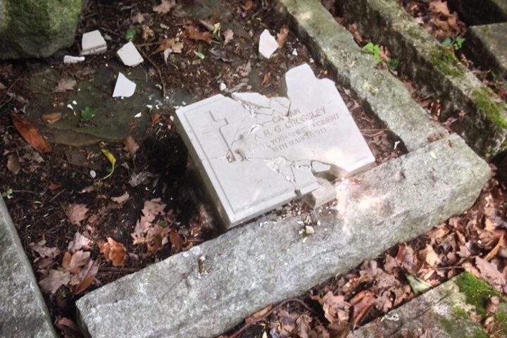 A damaged gravestone belonging to James G. Crossley, who served in the First World War, is shown in West Yorkshire, U.K., in this image posted online June 6, 2019.