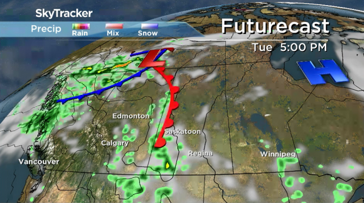 Showers and the risk of a thunderstorm return to Saskatchewan on Tuesday afternoon.