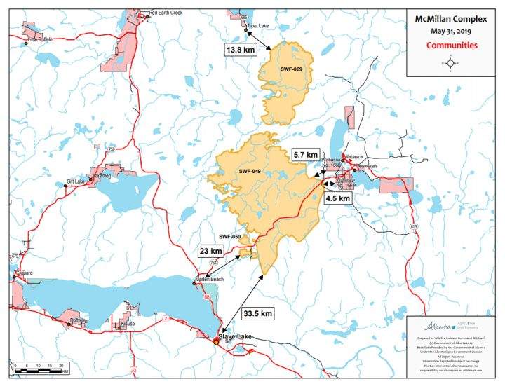 The most recent map of two wildfires in the Slave Lake area. May 31, 2019.