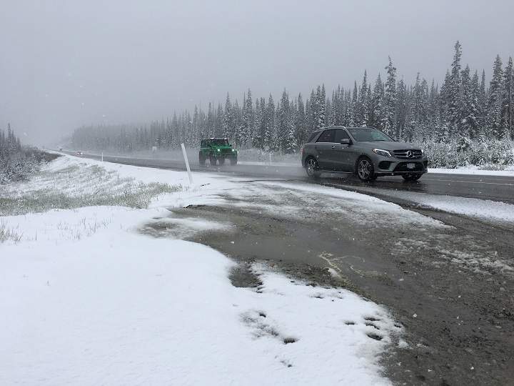 Snow blankets the Okanagan Connector following an unseasonable storm.
