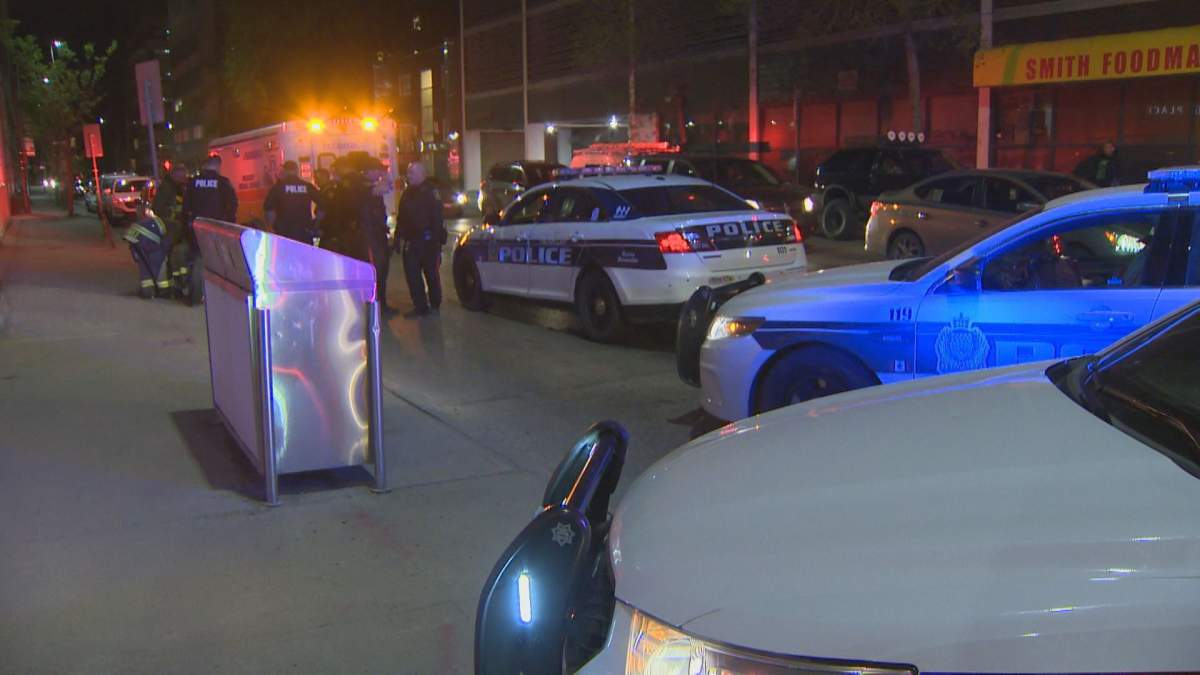 Winnipeg Police respond to an alleged assault near York Avenue and Smith Street late Friday Night.