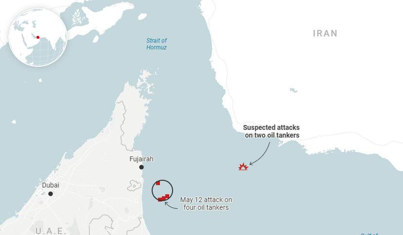 This map from the Associated Press shows where six tankers were attacked in a busy Middle East shipping lane.