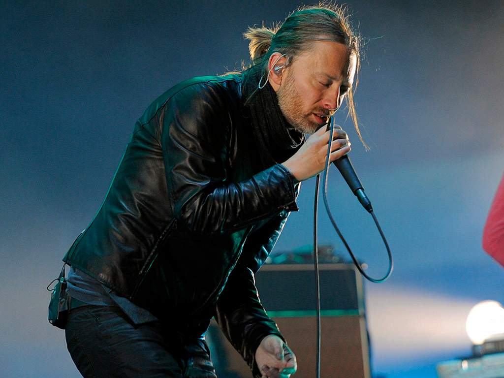 Thom Yorke of Radiohead performs during the band's headlining set at the 2012 Coachella Valley Music and Arts Festival in Indio, Calif.