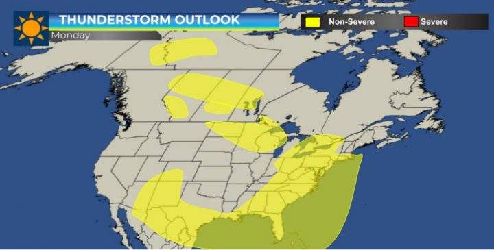 Thunderstorm outlook for Monday, June 10 across Saskatchewan.