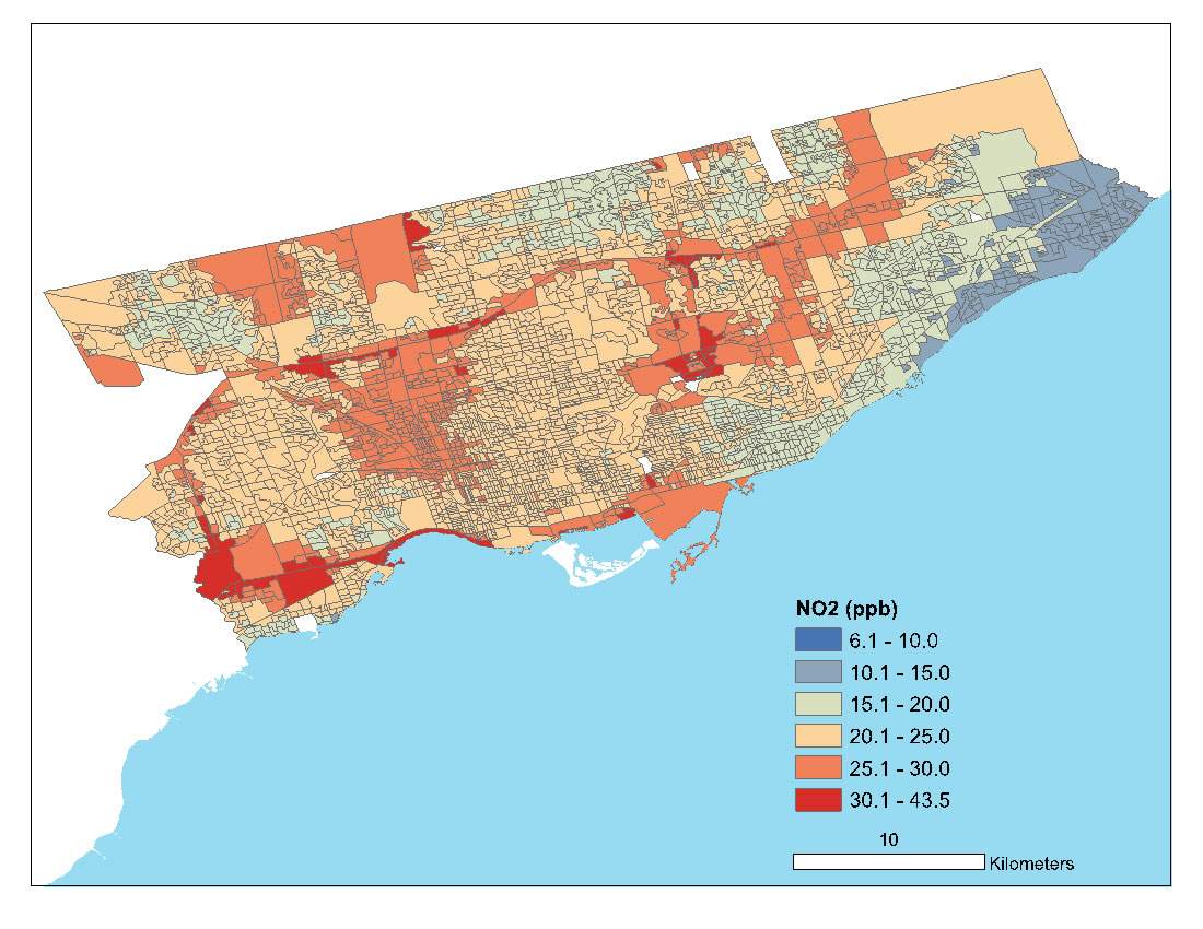 A map showing NO2 air pollution levels in Toronto.