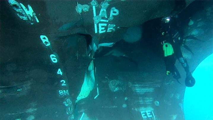 An undated photograph provided June 6, 2019 by the United Arab Emirates mission to the United Nations shows underwater damage to the Saudi Arabian tanker Al Marzoqah in the Port of Fujairah.