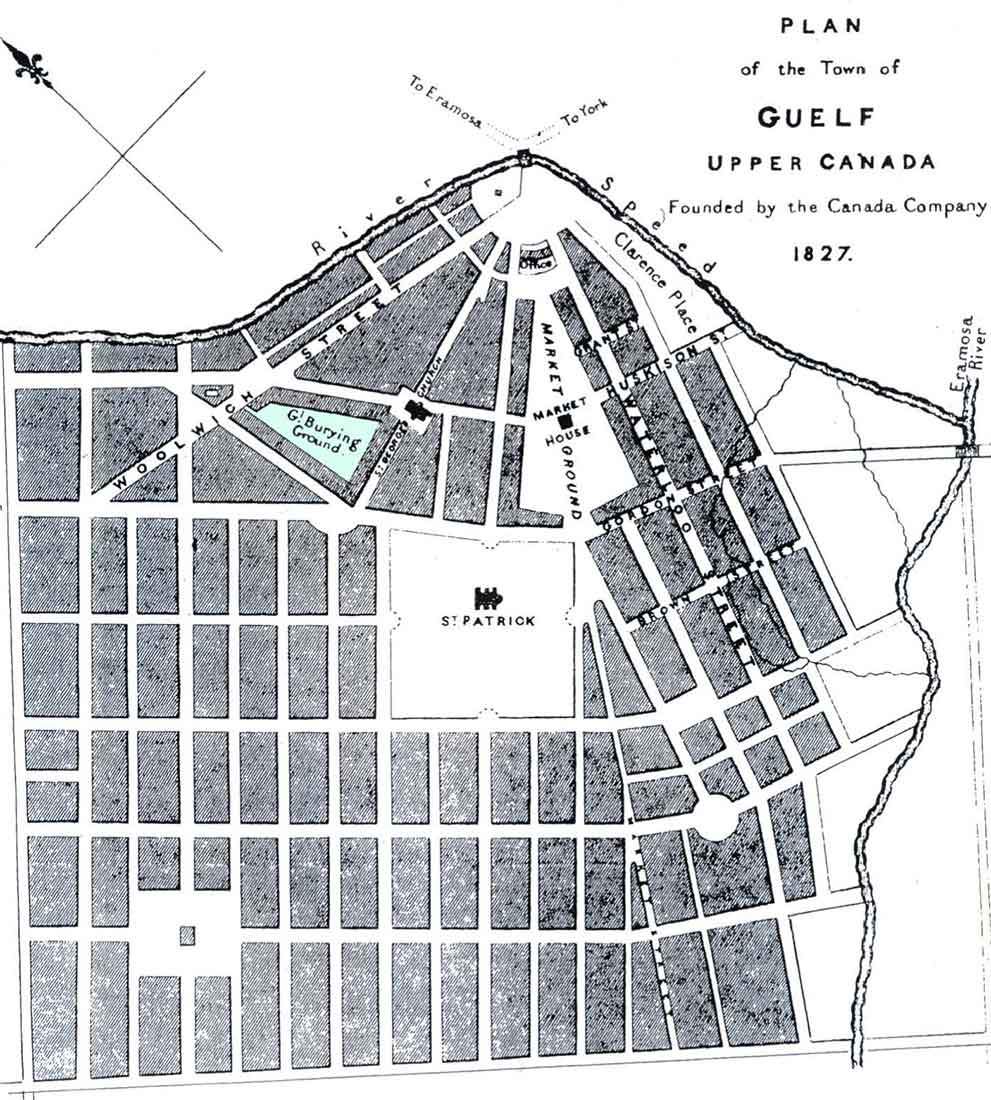Map of downtown Guelph in 1827