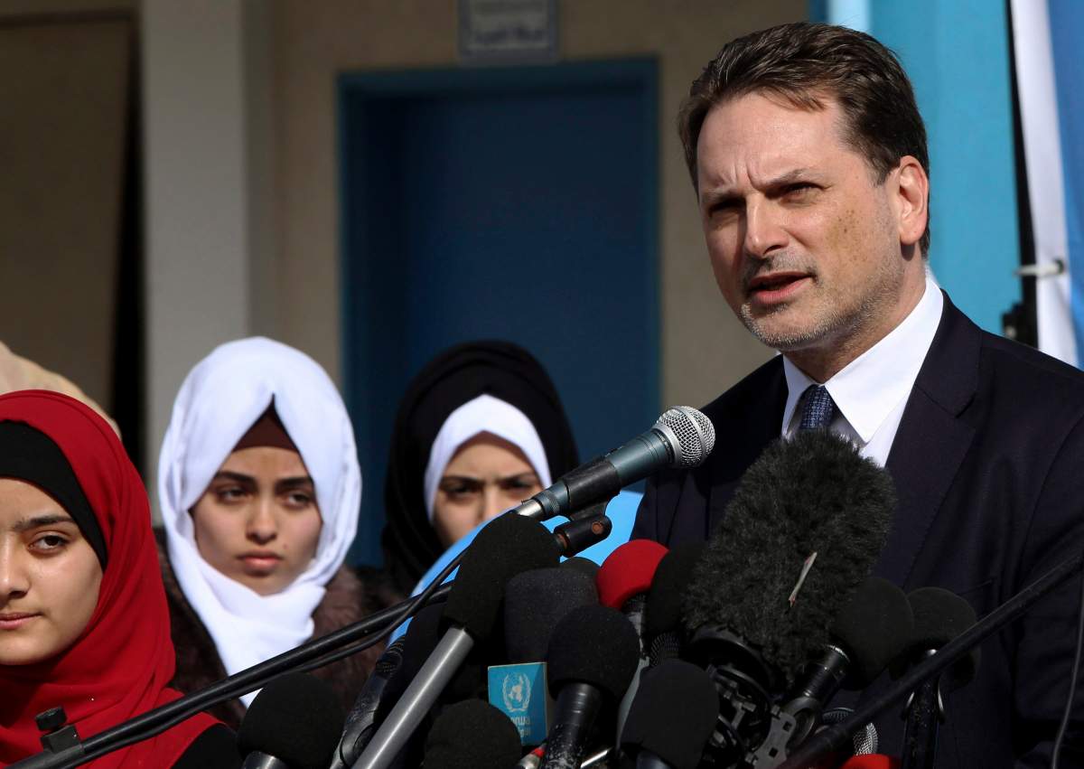 UNRWA commissioner-general Pierre Krahenbuhl at a press conference to launch a global campaign to support UNRWA, at the UNRWA Rimal Girls Preparatory School in Gaza City, Monday, Jan. 22, 2018. (AP Photo/Adel Hana)