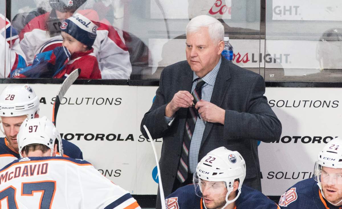 Edmonton Oilers head coach Ken Hitchcock looks on during an NHL hockey game against the Montreal Canadiens in Montreal, Sunday, February 3, 2019.