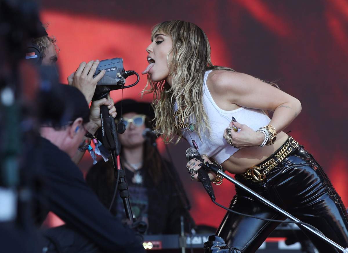 Miley Cyrus performing on the fifth day of Glastonbury Festival 2019 at Worthy Farm in Somerset, U.K.