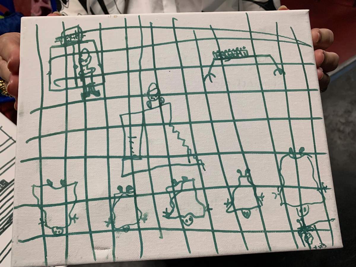 This undated photo provided by the American Academy of Pediatrics on Friday, July 5, 2019 shows a drawing by a migrant child at the Catholic Charities Humanitarian Respite Center in McAllen, Texas. The release of the pictures follows a government watchdog report warning about overcrowded South Texas facilities holding migrant families. (American Academy of Pediatrics via AP)