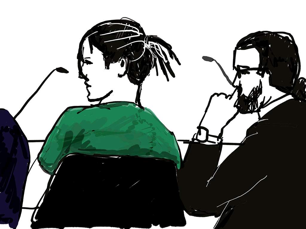 In this courtroom sketch, Rakim Mayers (L) known as A$AP Rocky, sits in the district court in Stockholm, Sweden, on July 30, 2019, to face charges of assault.