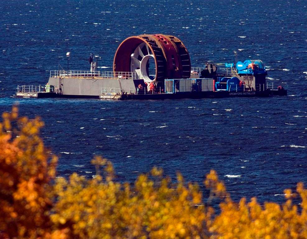 A tidal power turbine, built for Nova Scotia Power, is towed in the Bedford Basin in Halifax on Oct. 26, 2009.