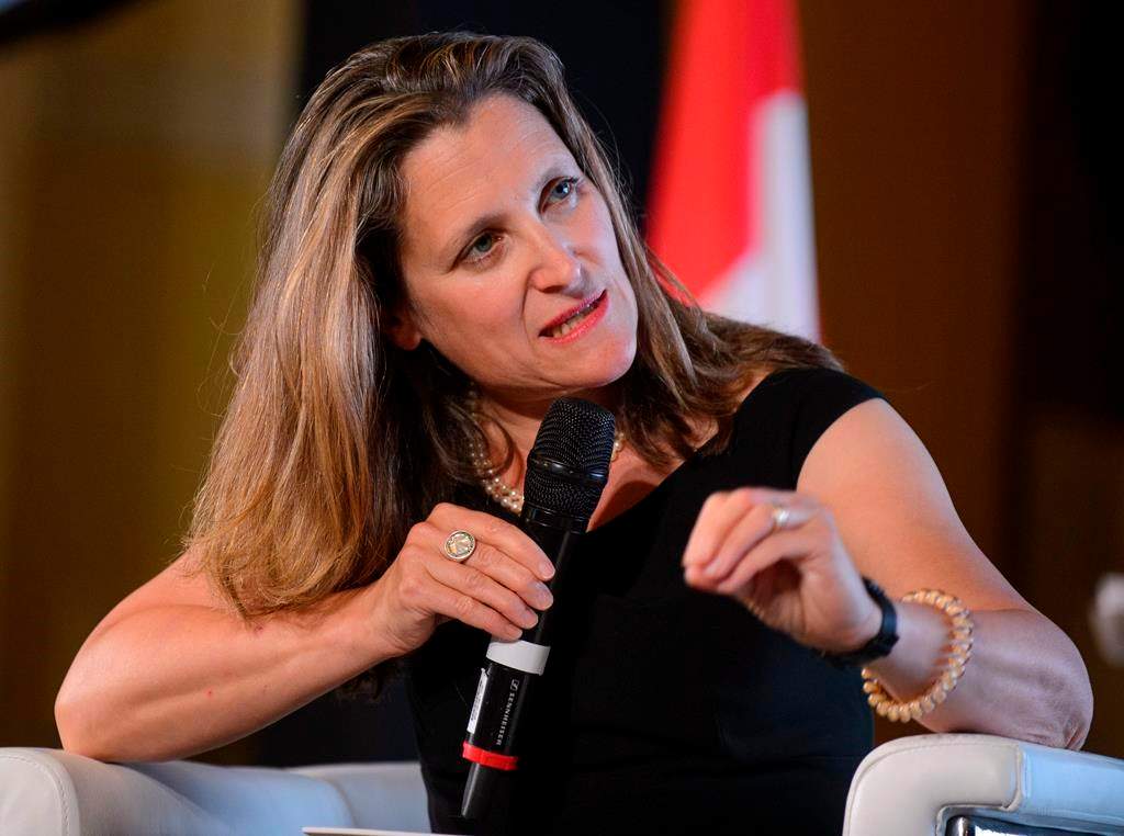 Minister of Foreign Affairs Chrystia Freeland speaks during a panel at the Ukraine Reform Conference in Toronto on Wednesday, July 3, 2019.