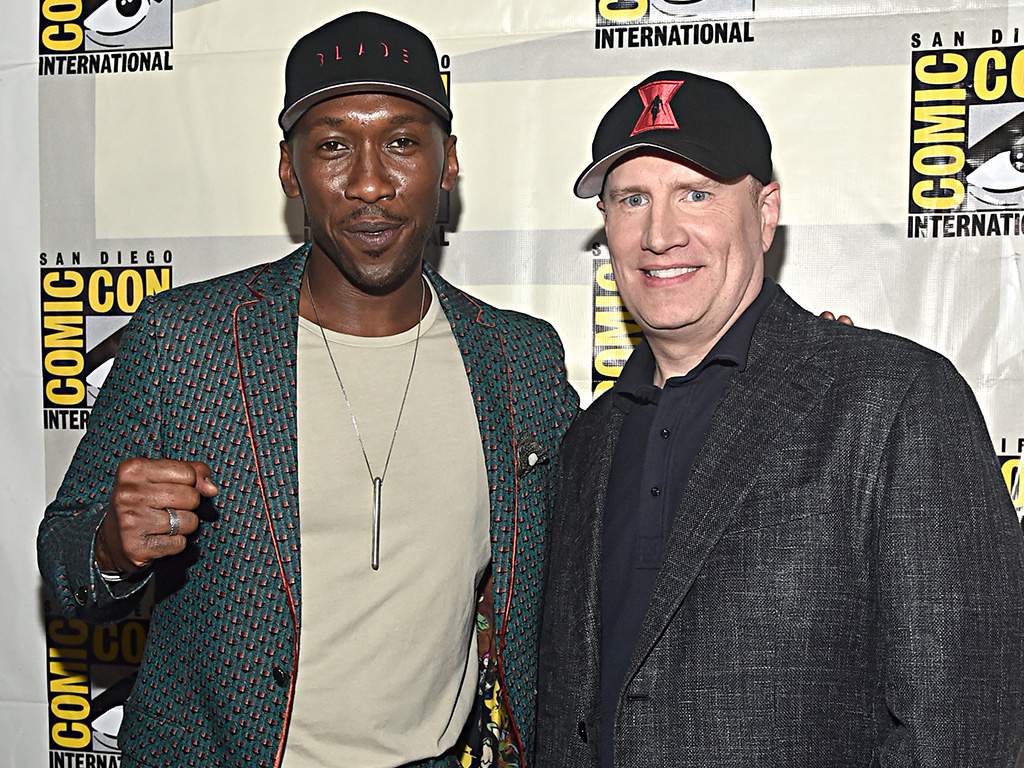 (L-R) Mahershala Ali and President of Marvel Studios Kevin Feige at the San Diego Comic-Con International 2019 Marvel Studios Panel in Hall H on July 20, 2019 in San Diego, Calif.