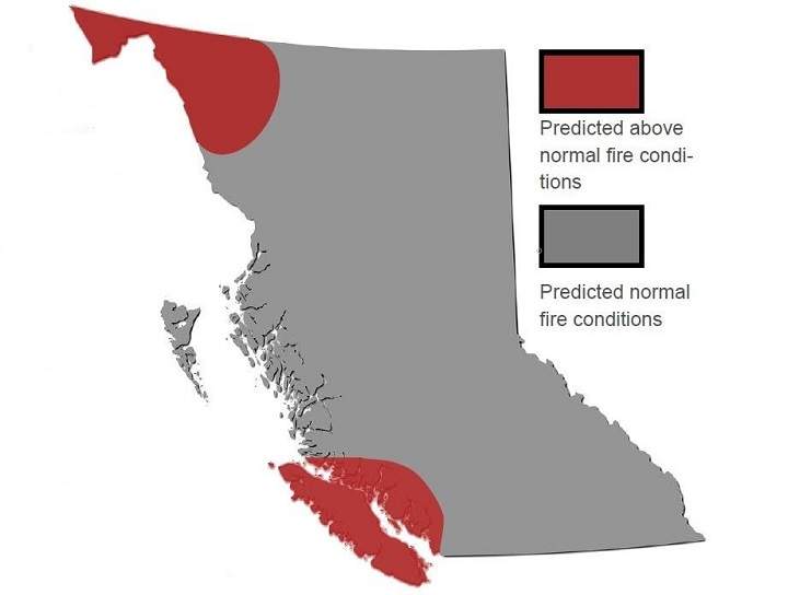 The BC Wildfire Service is predicting normal fire conditions for most of the province, except for the South Coast, Vancouver Island and the northwest corner, where above-normal fire conditions are predicted.