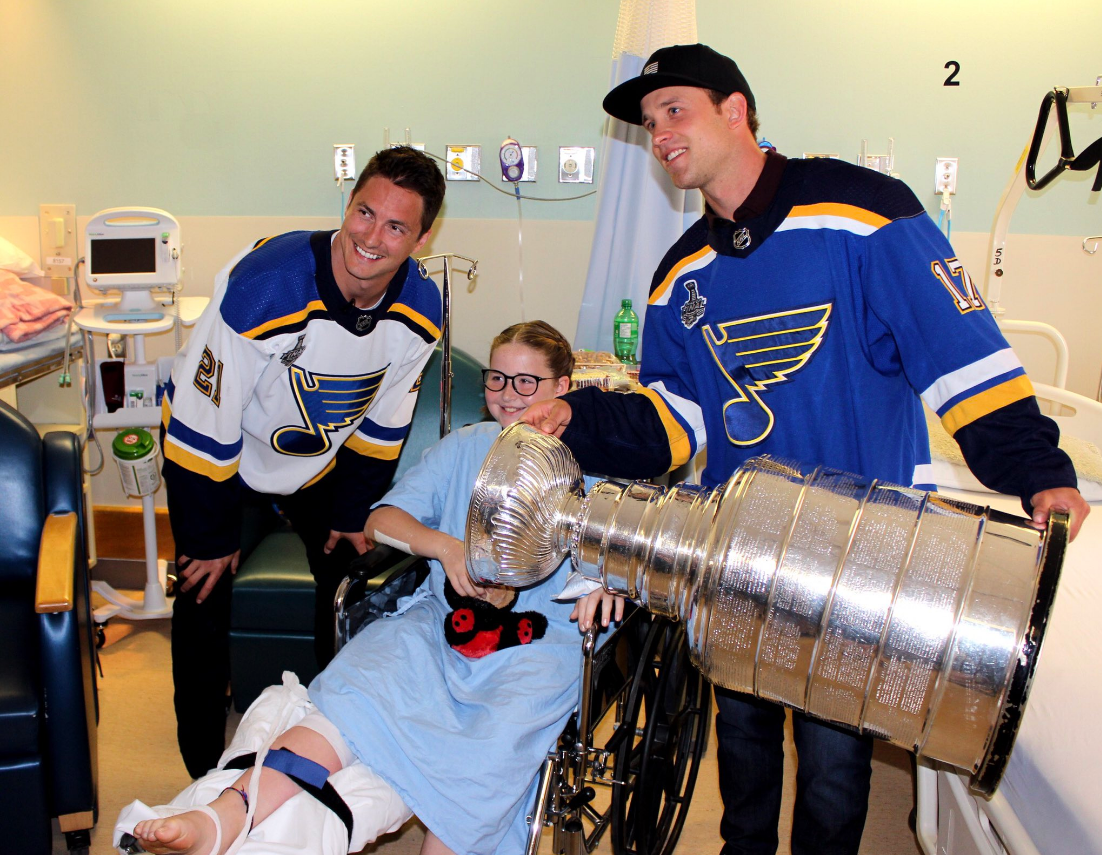 St. Louis Blues forwards Tyler Bozak and Jaden Schwartz visit the Regina General Hospital on July 6, 2019.