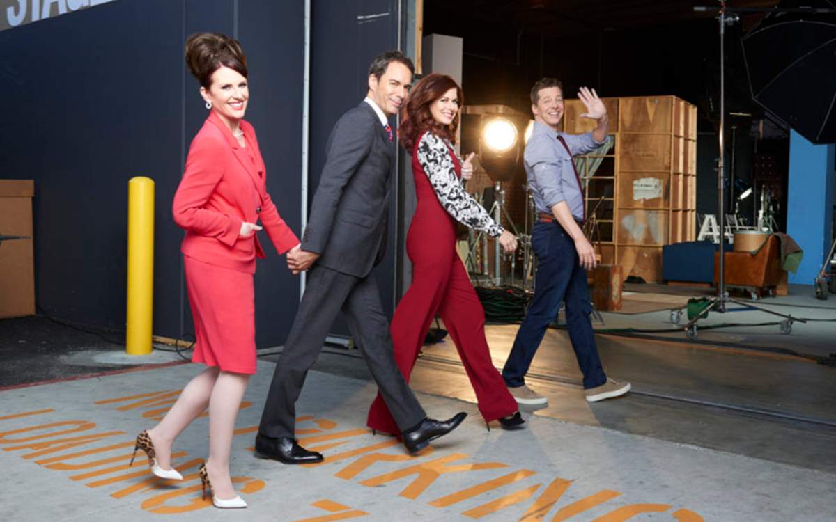 Pictured: (l-r) Megan Mullally as Karen Walker, Eric McCormack as Will Truman, Debra Messing as Grace Adler, Sean Hayes as Jack McFarland.