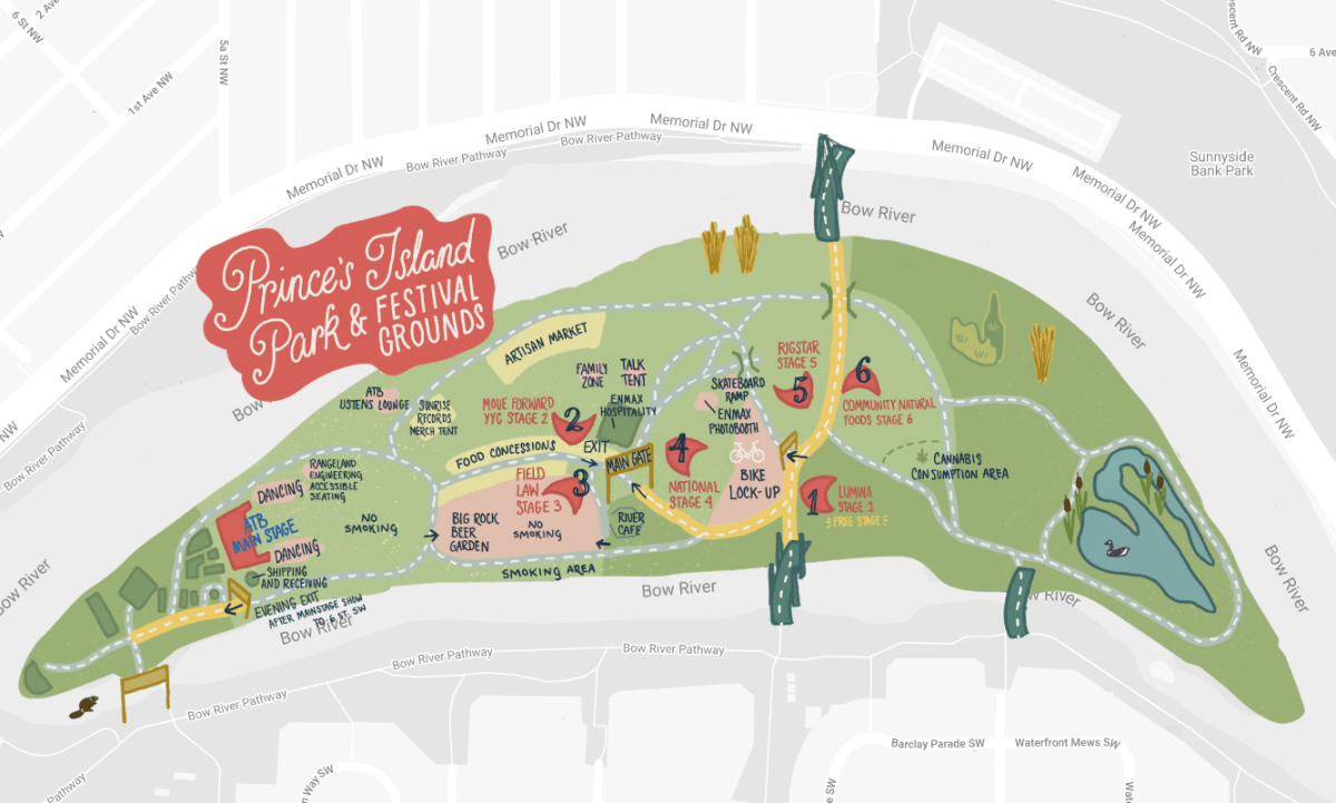A map of the Calgary Folk Music Festival layout for 2019.
