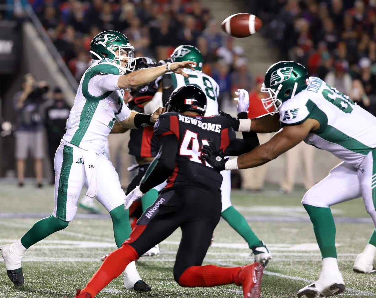 Saskatchewan Roughriders quarterback CodyFajardo (7) releases the ball during CFL second half football action against Ottawa Redblacks in Ottawa Thursday, June 20, 2019.