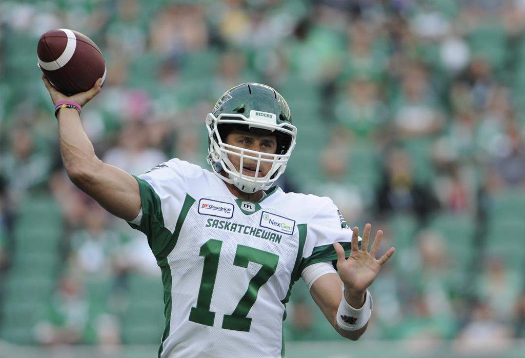 Saskatchewan Roughriders quarterback Zach Collaros attempts a pass against the Winnipeg Blue Bombers during first half CFL pre-season June 6, 2019.Toronto has acquired former Argonaut quarterback Zach Collaros from Saskatchewan for a fourth-round draft pick.
