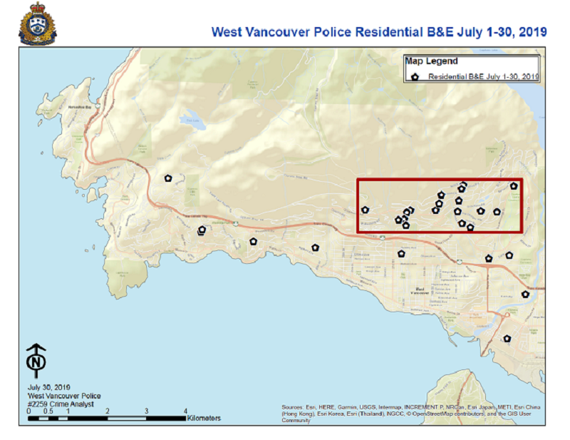 A map showing where a string of break-and-enters have occurred between July 1 and 31, 2019 in West Vancouver.