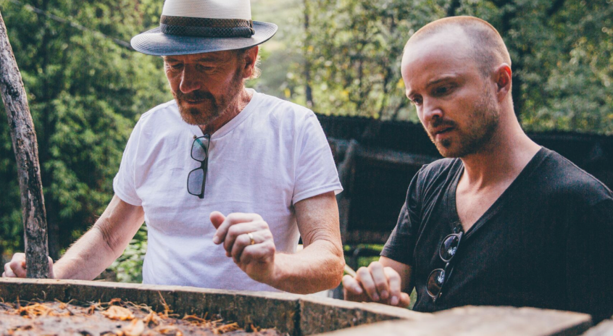 (L-R) Bryan Cranston and Aaron Paul in 2019, promoting Dos Hombres, a Mexican-crafted meczal founded by the two.