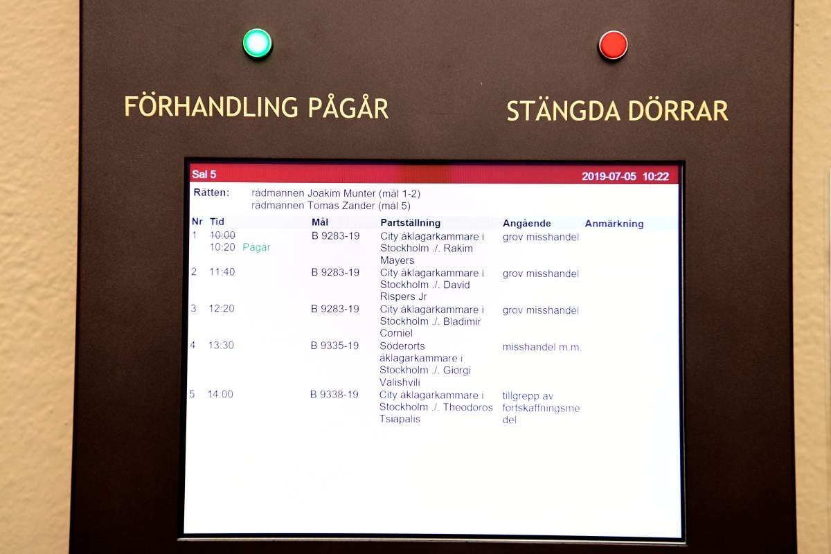 A screen in front of a room in the district court in Stockholm announces a hearing of U.S. rapper Rakim Mayers, known by his stage name A$AP Rocky, on July 5, 2019.  (Photo by Jonathan NACKSTRAND / AFP)