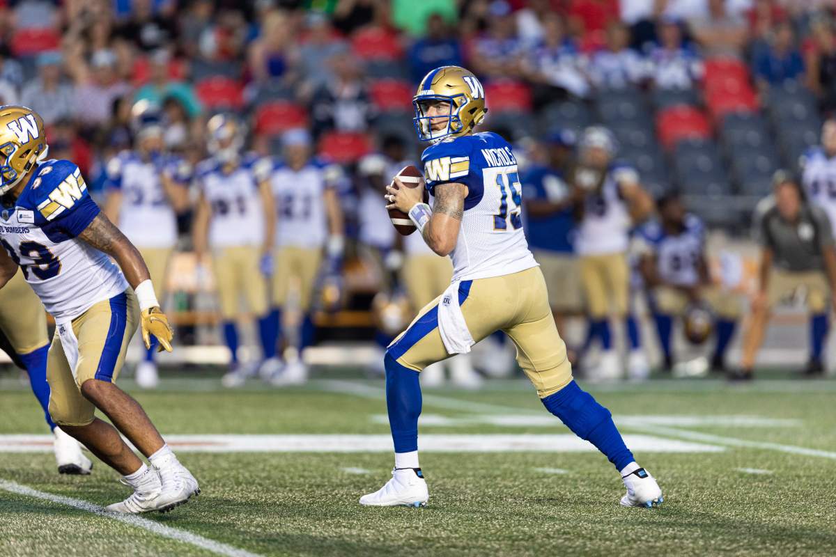 OTTAWA, ON - JULY 05: Winnipeg Blue Bombers quarterback Matt Nichols (15) looks to throw a pass during Canadian Football League action between the Winnipeg Blue Bombers and Ottawa Redblacks on July 5, 2019, at TD Place at Lansdowne Park in Ottawa, ON, Canada. (Photo by Richard A. Whittaker/Icon Sportswire via Getty Images).