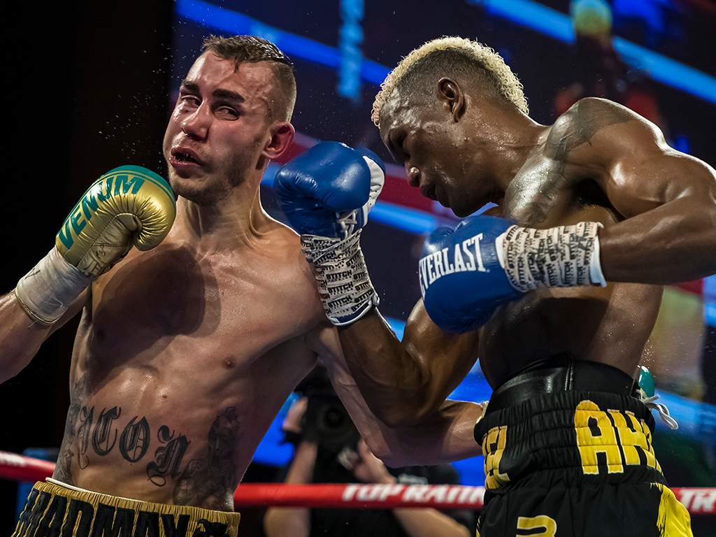 Subriel Matias and Maxim Dadashev (L) in action during the 10th round of their junior welterweight IBF world title elimination fight at The Theater at MGM National Harbor on July 19, 2019 in Oxon Hill, Md.