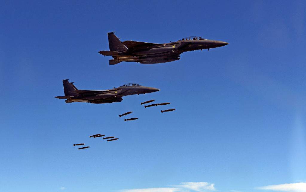 In this handout image provide by South Korean Defense Ministry, South Korea's F-15K fighter jets drop bombs during a training at the Taebaek Pilsung Firing Range on August 31, 2017 in Gangwon-do, South Korea.