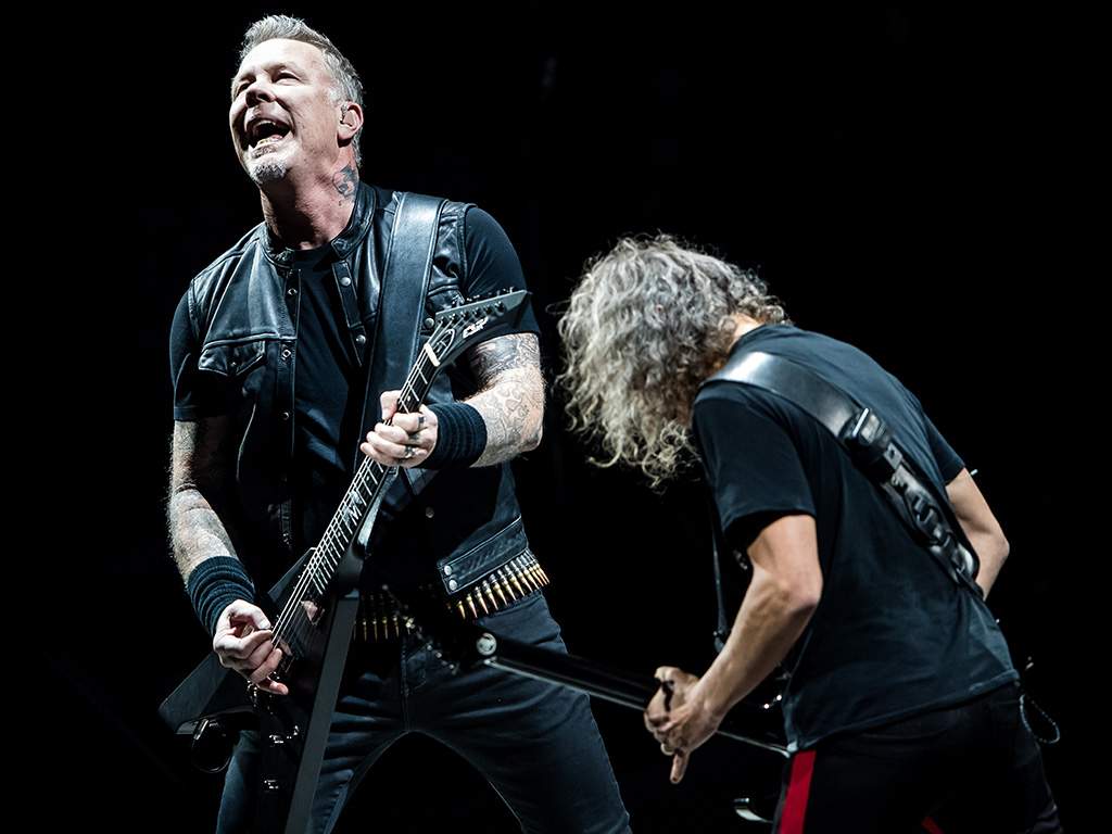 James Hetfield and Kirk Hammett (R) of Metallica perform during the ‘WorldWired’ tour at SAP Arena on Feb. 16, 2018 in Mannheim, Germany.