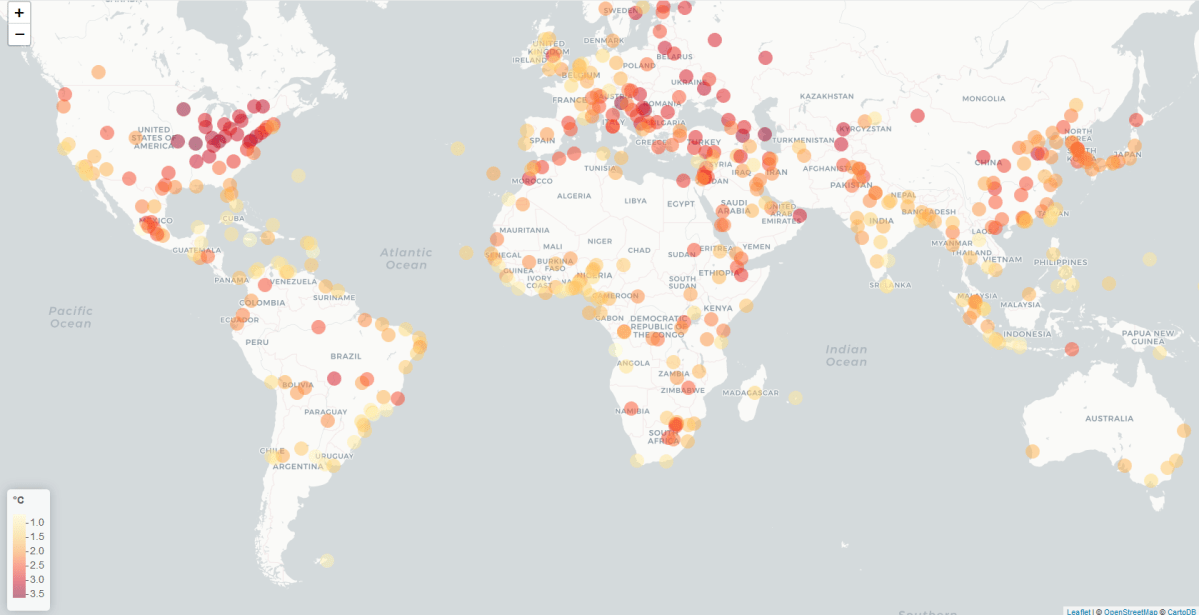A heat map of how much the temperature will increase annually, on average, in 520 cities around the world.