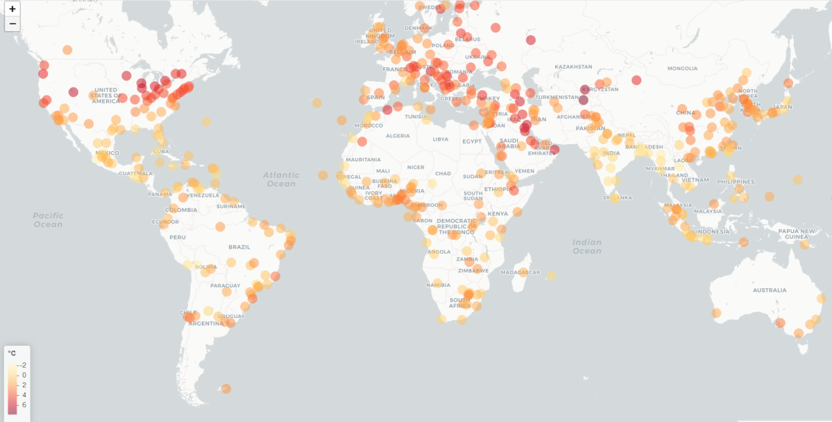 A heat map of how much the temperature will increase in the coldest months of 520 cities around the world.