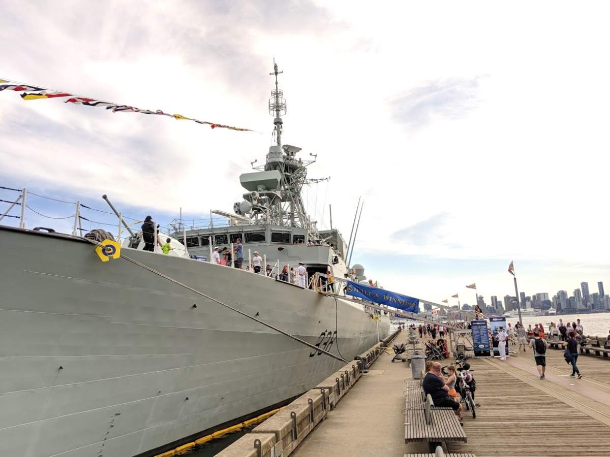HMCS Winnipeg seen in North Vancouver on July 1, 2019. Crew on the ship have found an novel way to get exercise and raise money for a local charity.