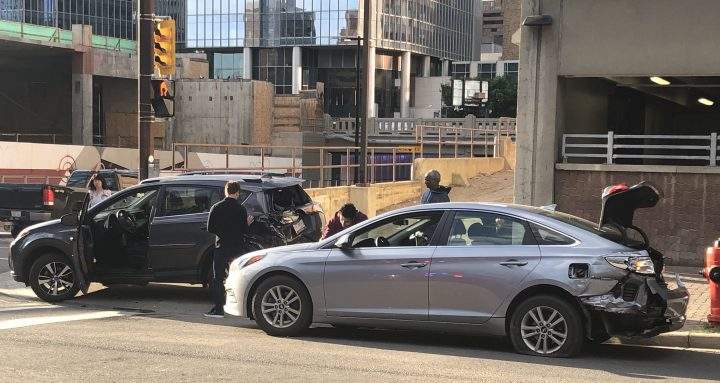 Cars were hit by a stolen tow truck in downtown Calgary on Tuesday.