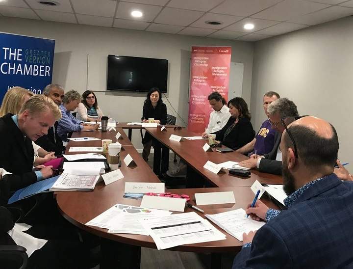 Federal minster of seniors, Filomena Tassi, fifth from left, attends a meeting in Vernon regarding a new immigration program. The program’s goal is to bring skilled immigrants to rural and northern communities.