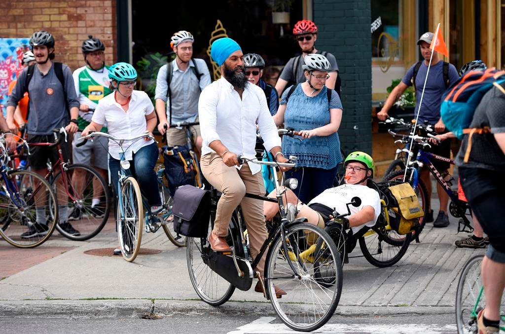 NDP Leader Jagmeet Singh participates in a group bike ride with Ottawa Centre residents after announcing his party's vision for a national cycling strategy in Ottawa on Thursday, July 11, 2019.
