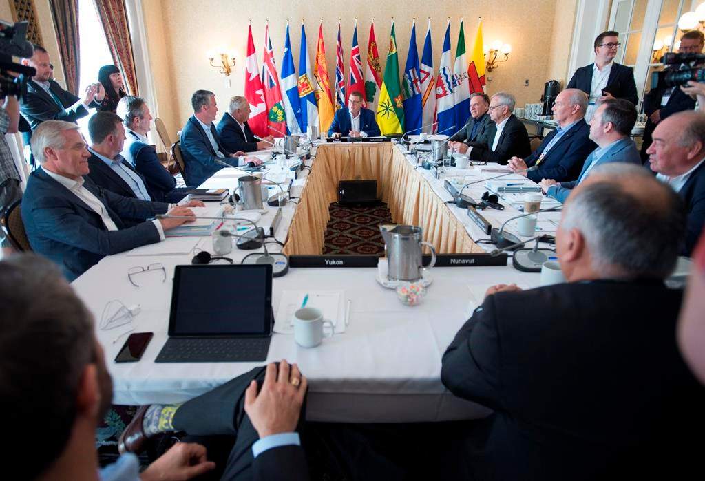 Canada's Premiers listen as Saskatchewan Premier Scott Moe addresses them during a meeting of Canada's Premiers in Saskatoon, Sask. Wednesday, July 10, 2019.