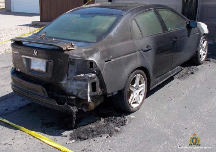 Another view of the fire-damaged Acura TL.